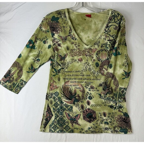 Green Gilma Tee Shirt Buddha Size Small Stretch Writing Boho Yoga Fairy Cute‎ - Picture 1 of 5